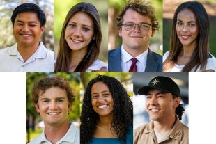 A collection of portraits of seven graduates from Cal Poly's six colleges and the Cal Poly Maritime Academy