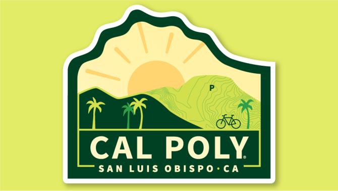 This sticker was created for the Admissions office and while it uses a lot of poly green, the brighter yellows and avocado make it feel more vibrant. The topo map in the hills and Source Sans font give the sticker a more relaxed/casual vibe perfect for an incoming student. 