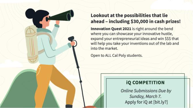 This poster, created by CIE for their Innovation Quest competition, uses the primary brand colors but supplements with a heavier use of secondary color since it's meant to appeal to current students. The topographic map is used as a background texture and ties into the outdoor/hiking theme.