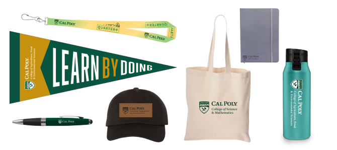 Examples of promotional materials including a lanyard, hat, pen, bag, water bottle, planner and pennant.