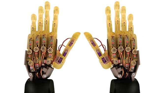 A right-handed robotic hand (the image was duplicated and flipped so that it looked like two hands)