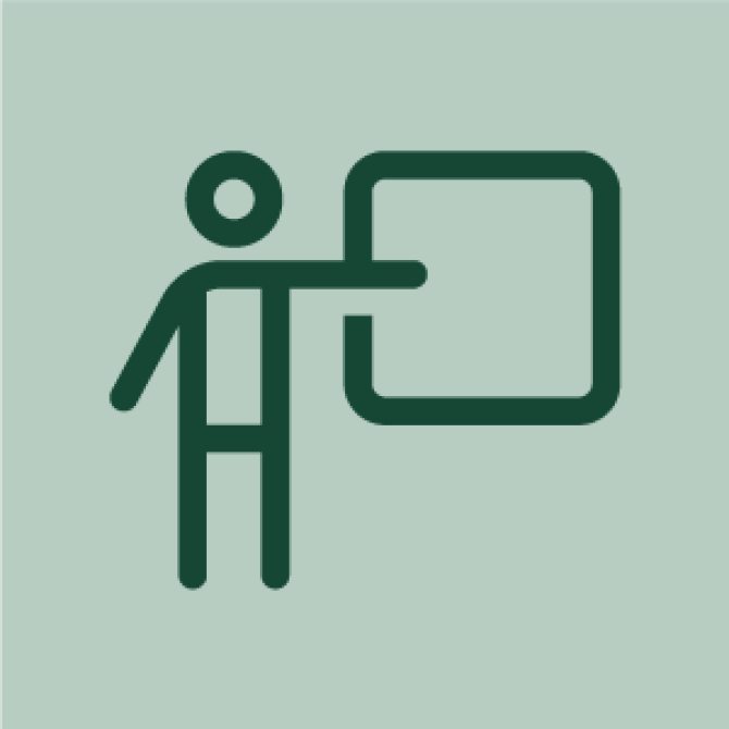 line drawing icon of a person giving a presentation or standing at a chalkboard