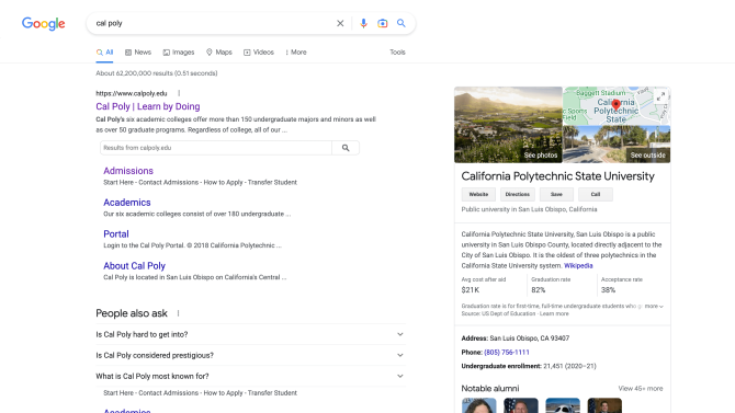 screenshot of a google search results page for the term "cal poly"