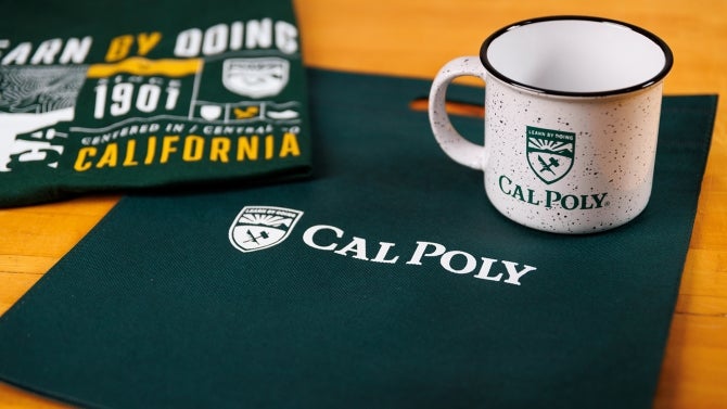 The Cal Poly logo shown on a camping mug and tote bag