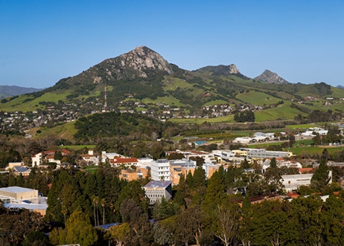 A view of Cal Poly looking west past the building of the campus core to Bishop Peak and beyond