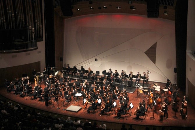 The Cal Poly Symphony onstage at the Performing Arts Center