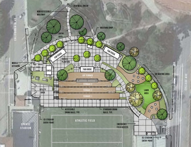 An architectural rendering showing the planned Cal Poly Partners Plaza on the north end of Spanos Stadium