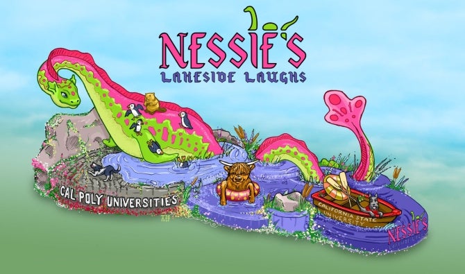 A colorful graphic depiction of Cal Poly universities 2025 Rose Float entry featuring a pink and green Nessie the Loch Ness monster