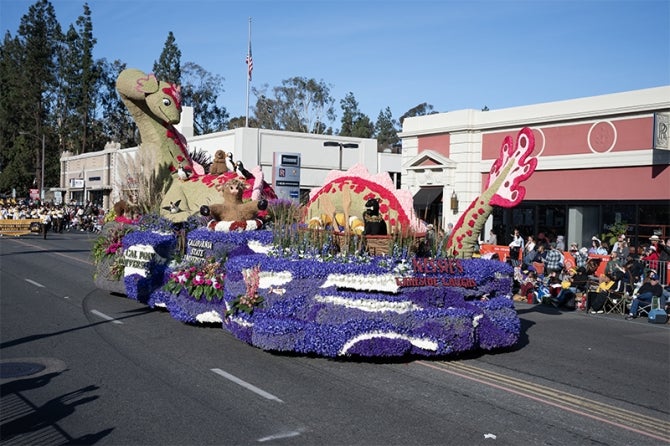 Cal Poly universities 2025, award-winning float entry Nessies Lakeside Laugh on Colorado Boulevard during the Rose Parade in Pasadena