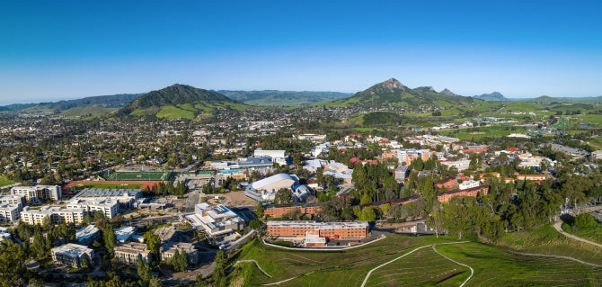 An aerial view of the Cal Poly campus looking west toward Bishop Peak