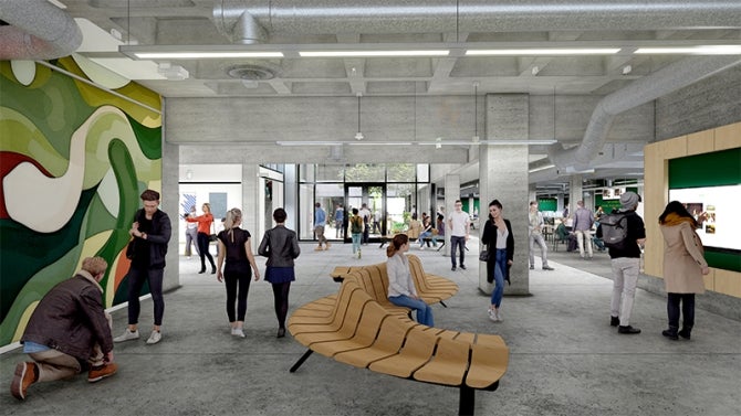 An architectural rendering of the revamped entrance to Kennedy Library