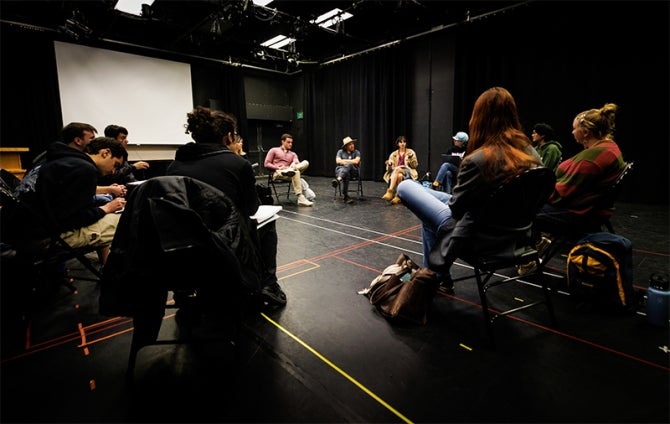 Students in Ancestral Theatre discuss the research on ancestries, genealogies, families and communities in the campus black box theater