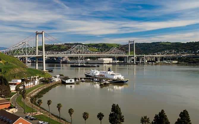 A view looking east from Morrow Cove at Cal Maritime toward Carquinez Bridge