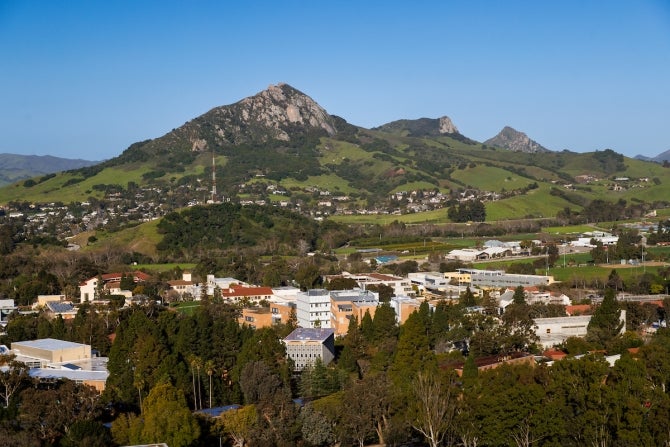A view looking west of the Cal Poly campus and series of morros stretching to the coast