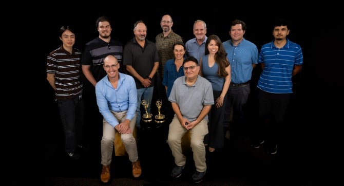 Cal Poly faculty and students gather for a group portrait after winning an Emmy