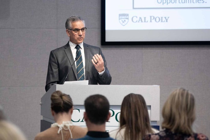 Al Liddicoat, Cal Poly’s provost and executive vice president for academic affairs, speaks at Cal Poly’s inaugural AI Convening