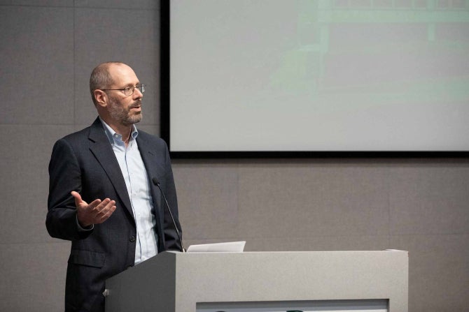 Chris Lupo, founding director of the Noyce School of Applied Computing, speaks at Cal Poly’s inaugural AI Convening