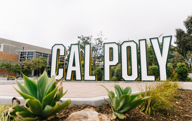 Cal Poly is spelled out in 5-foot tall 3-D letters located off Mustang Way near the university union