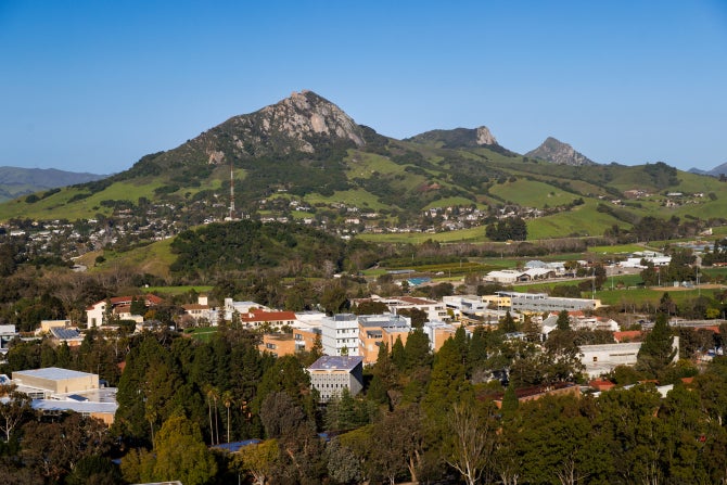 An aerial view of the Cal Poly campus looking west toward Bishop Peak an the other morro volcanic peaks
