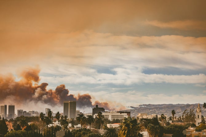 A view of the Eaton fire from Koreatown in Los Angeles in 2025