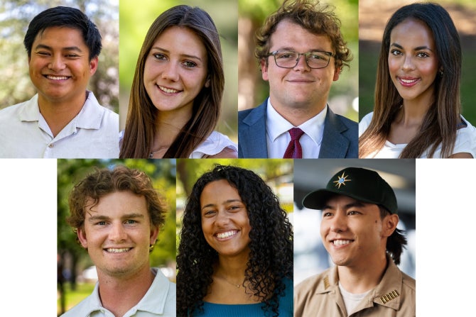 A collection of portraits of seven graduates from Cal Poly's six colleges and the Cal Poly Maritime Academy