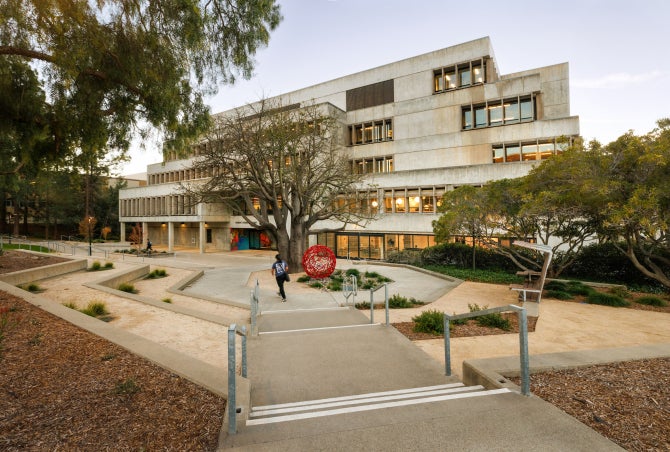 The exterior of Kennedy Library, the largest building on the Cal Poly campus