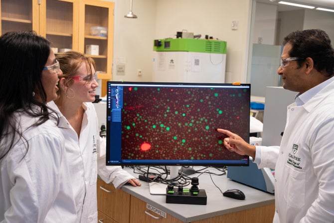 Two biochemistry students and Professor Javin Oza discuss data pictured on the computer monitor