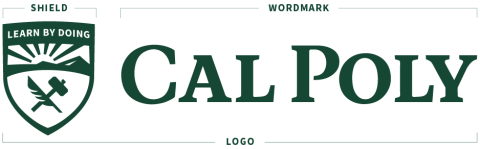Cal Poly logo with the shield, workmark and logo marked