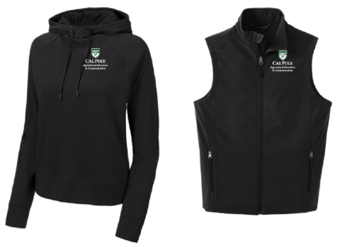 A sweatshirt and vest with the Cal Poly logo embroidered on them. 