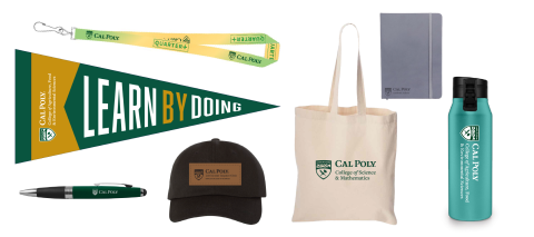 Examples of promotional materials including a lanyard, hat, pen, bag, water bottle, planner and pennant. 