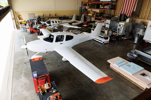 A view looking down of the general aviation airplane that is being modified by students to fly without a pilot