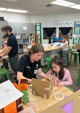 Two Cal Poly students mentor members of Santa Margarita Elementary's weekly afterschool Maker’s Club
