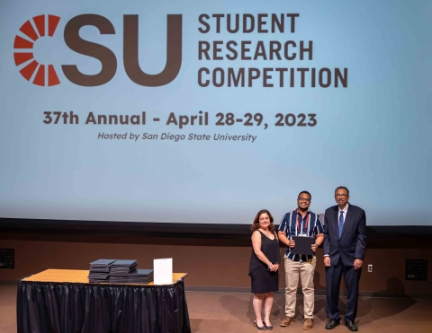  Student Jordan Richards with representatives of the CSU Student Research Competition at SDSU