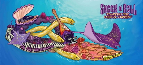 A rendering of Cal Poly universities 2024 Rose Parade entry Shock n Roll features a manta rays swimming to music power by a trio of electric eels