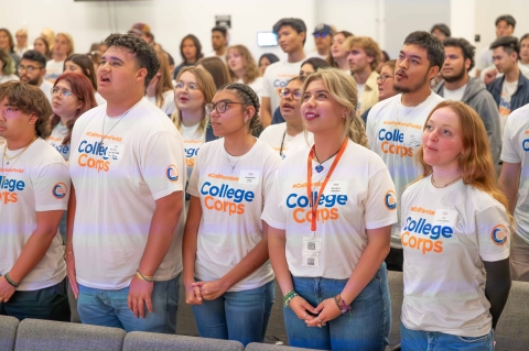 A closeup of a group of #CaliforniansForAll College Corps members 