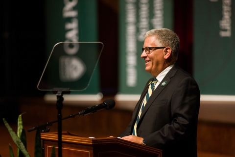 President Jeffrey D. Armstrong speaking at Cal Poly's Fall Convocation.