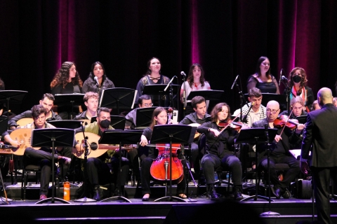 Members of th Cal Poly Arab Music Ensemble on stage at the PAC