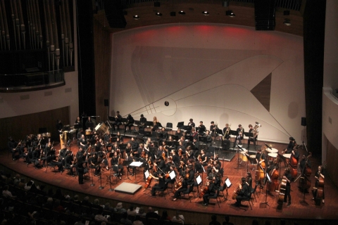The Cal Poly Symphony onstage at the Performing Arts Center