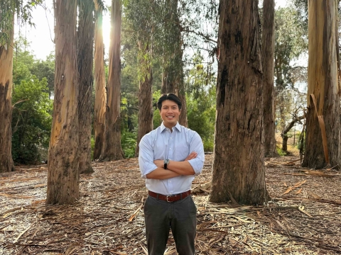 Cal Poly Assistant Professor Jason Poon in a stand of eucalyptus trees