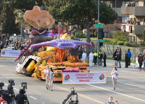 Cal Poly universities award-winning float Shock n Roll: Powering the Musical Current during the 2024 Rose Parade