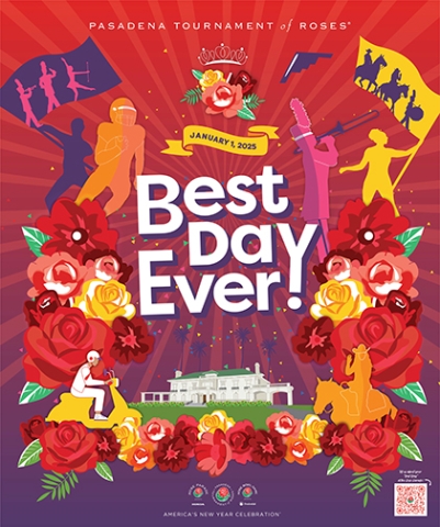 Colorful poster art for the 2025 Rose Parade theme Best Day Ever!