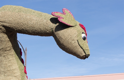 Nessies head and neck on Cal Poly Universities 2025 Rose Float entry Nessies Lakeside Laughs