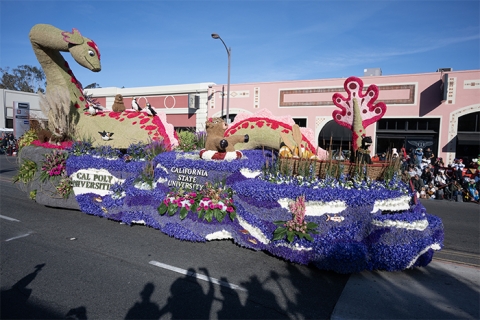 Cal Poly Universities 2025 Rose Float entry Nessies Lakeside Laughs on Colorado Blvd