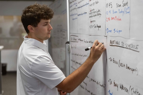 Connor Heffler maps out his startup on a whiteboard at the Cal Poly HotHouse 