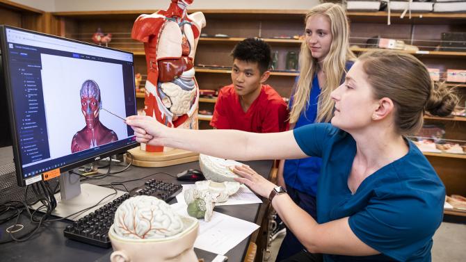 Students work with an instructor in the cadaver lab