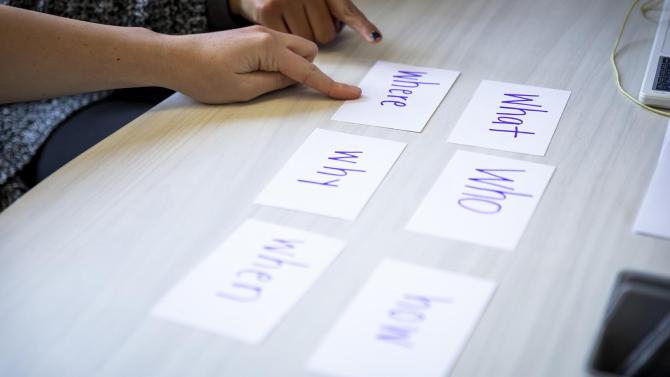 Cards with the words "Who, What, Where, When, Why" are laid out on a table with two hands pointing to the Where card.