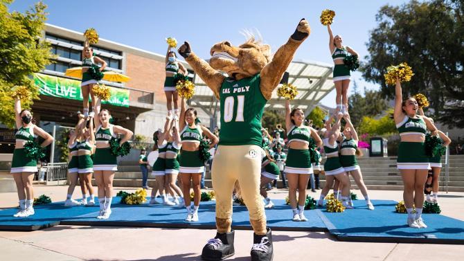 Musty the Mustang and Cal Poly Cheerleaders lead a pep rally in the UU