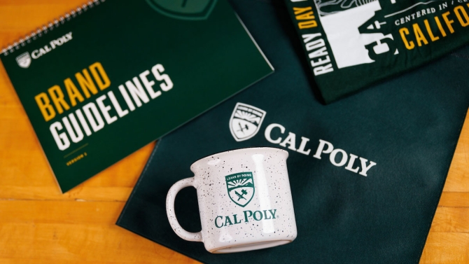 Flat lay of Cal Poly products