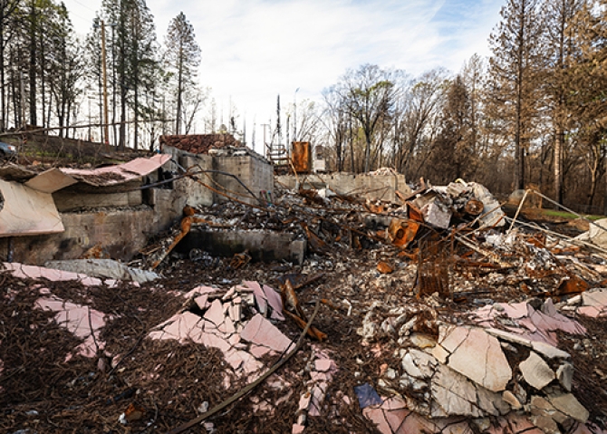 The aftermath of the 2018 Camp Fire destroyed much of the town of Paradise California in this April 2019 image