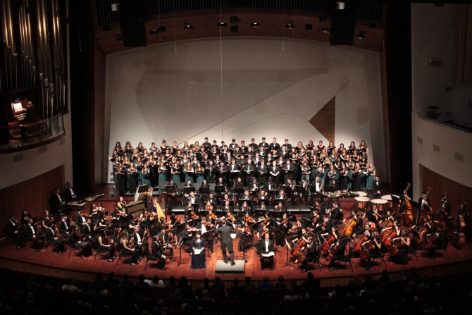 Cal Poly Symphony and Cal Poly Choirs perform onstage at the Performing Arts Center on the Cal Poly campus